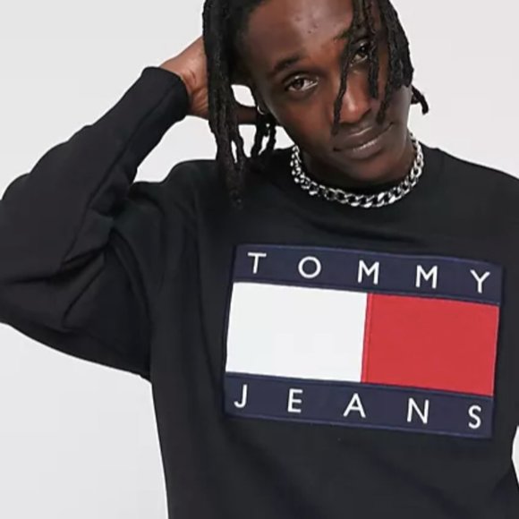 Tommy Hilfiger Tommy Jeans Sweatshirt Crewneck Flag Logo Applique Black Large - Picture 9 of 17